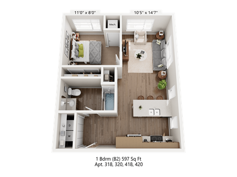 Floor plan for 1 bed, 1 bath, 597 sqft